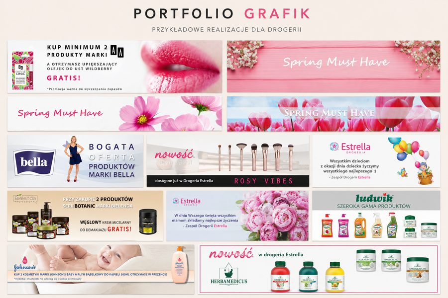Drogeria Estrella — banery reklamowe na stronę i do social mediów, projekt Paradiz Art