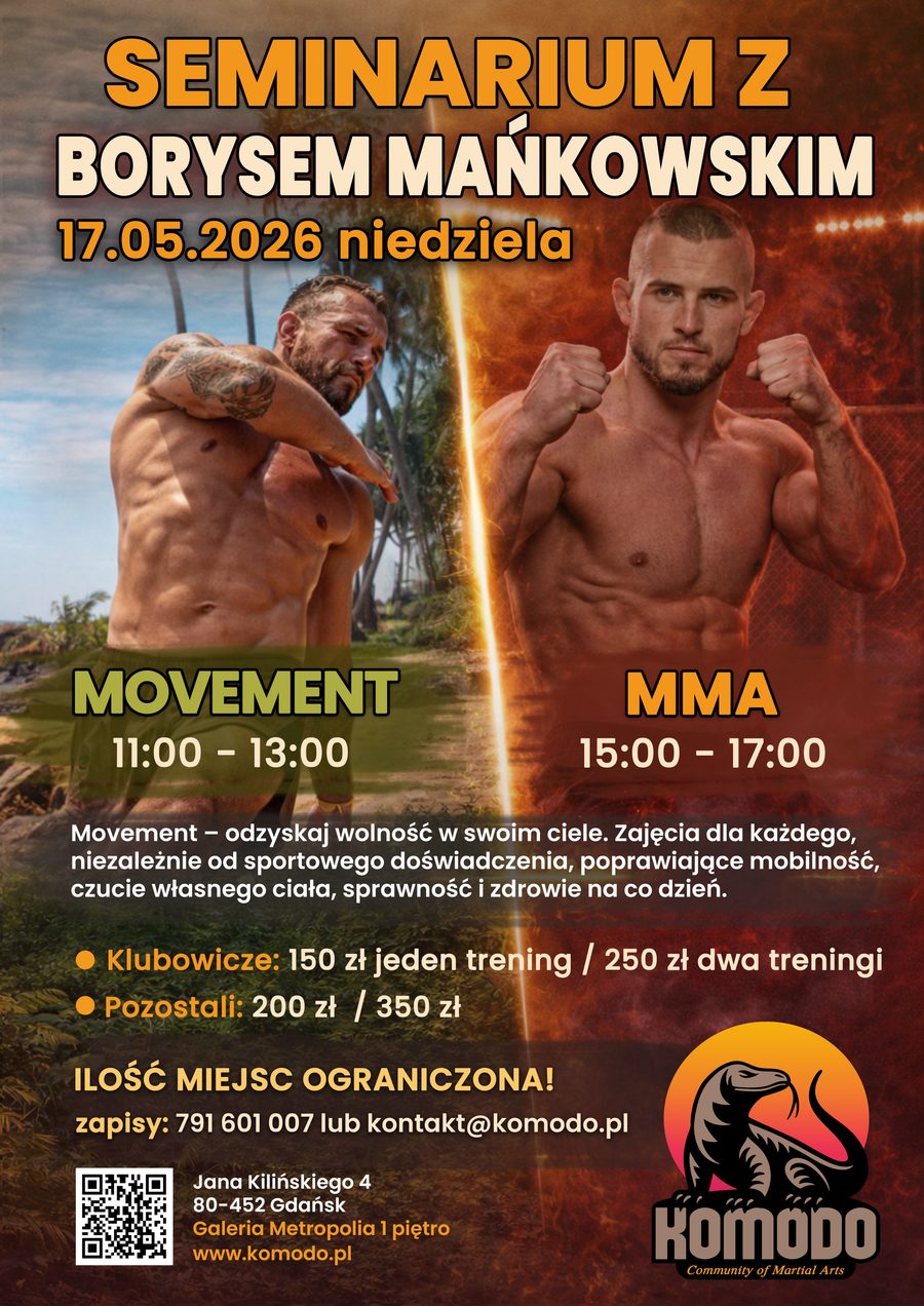 Komodo — plakat seminarium z Borysem Mańkowskim, projekt Paradiz Art
