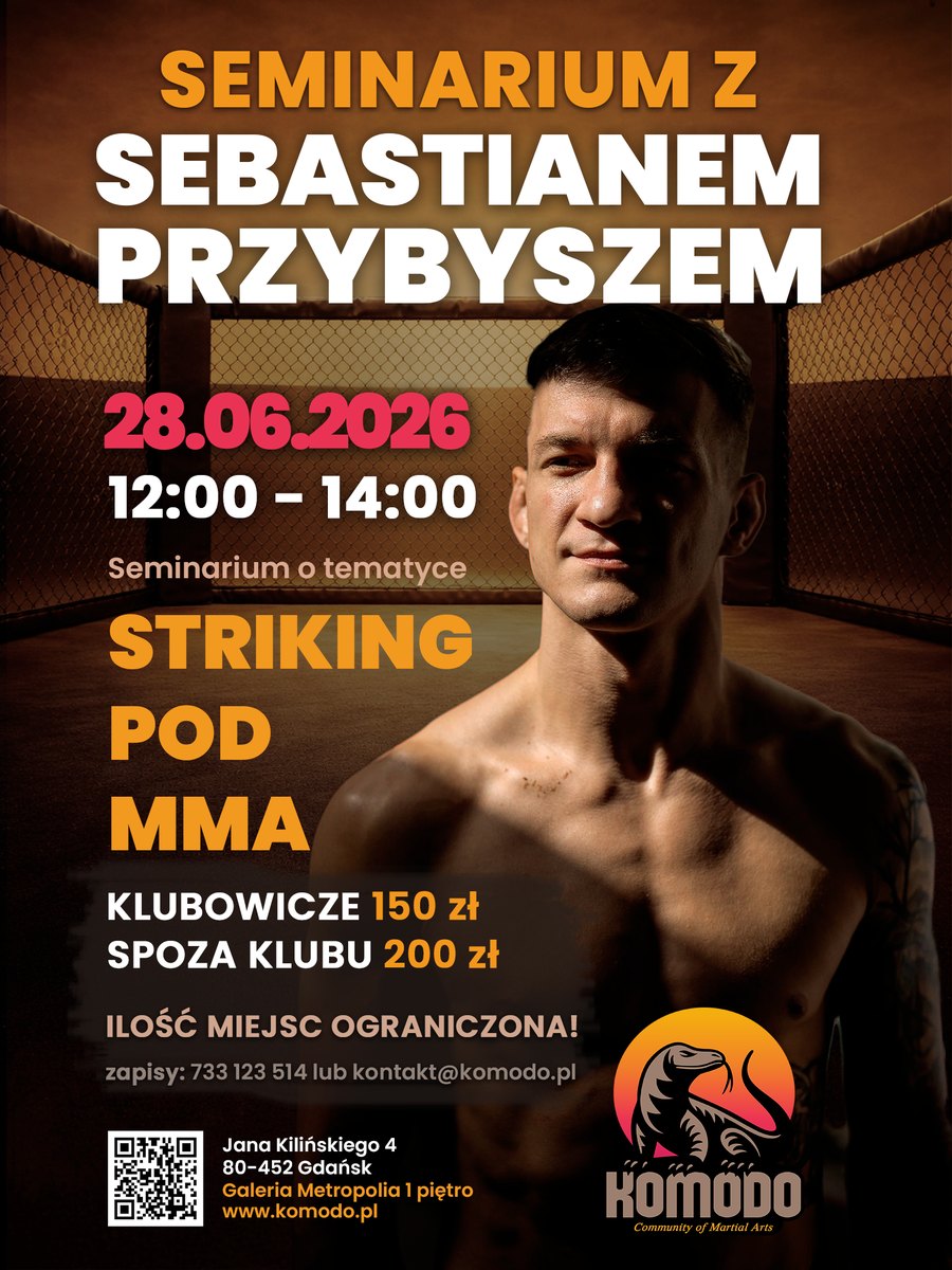 Komodo — plakat seminarium z Sebastianem Przybyszem, projekt Paradiz Art