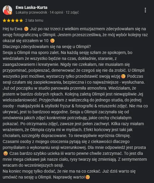 Opinia Google Ewy Laski-Kurty o sesji w Paradiz Art