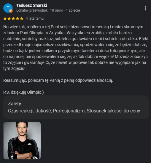 Opinia Google Tadeusza Snarskiego o sesji biznesowej w Paradiz Art