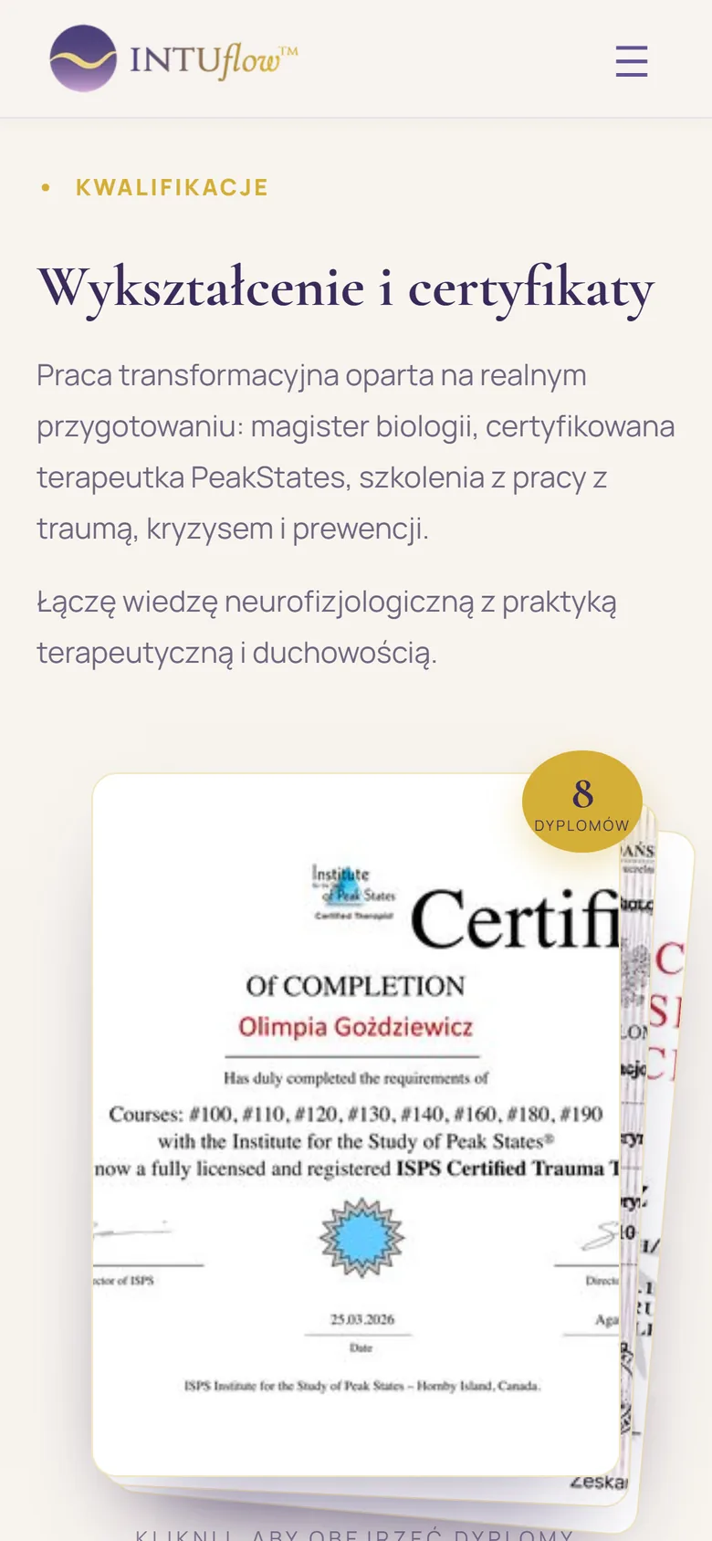 Sekcja kwalifikacji i certyfikatów na telefonie