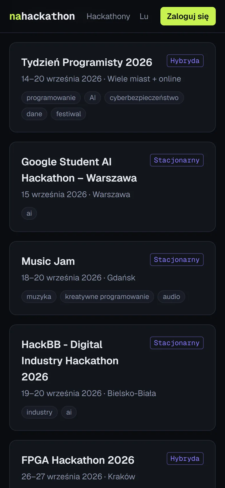 Baza hackathonów z filtrami na telefonie
