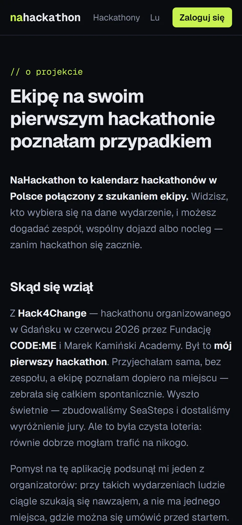 Podstrona o projekcie na telefonie