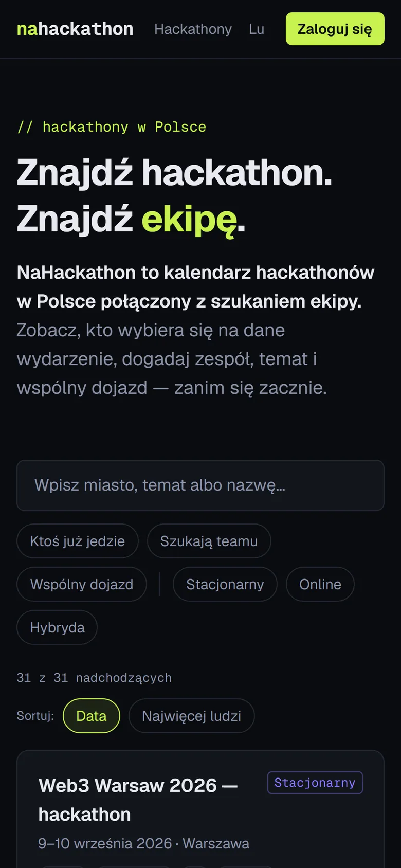 Serwis nahackathon.pl na telefonie