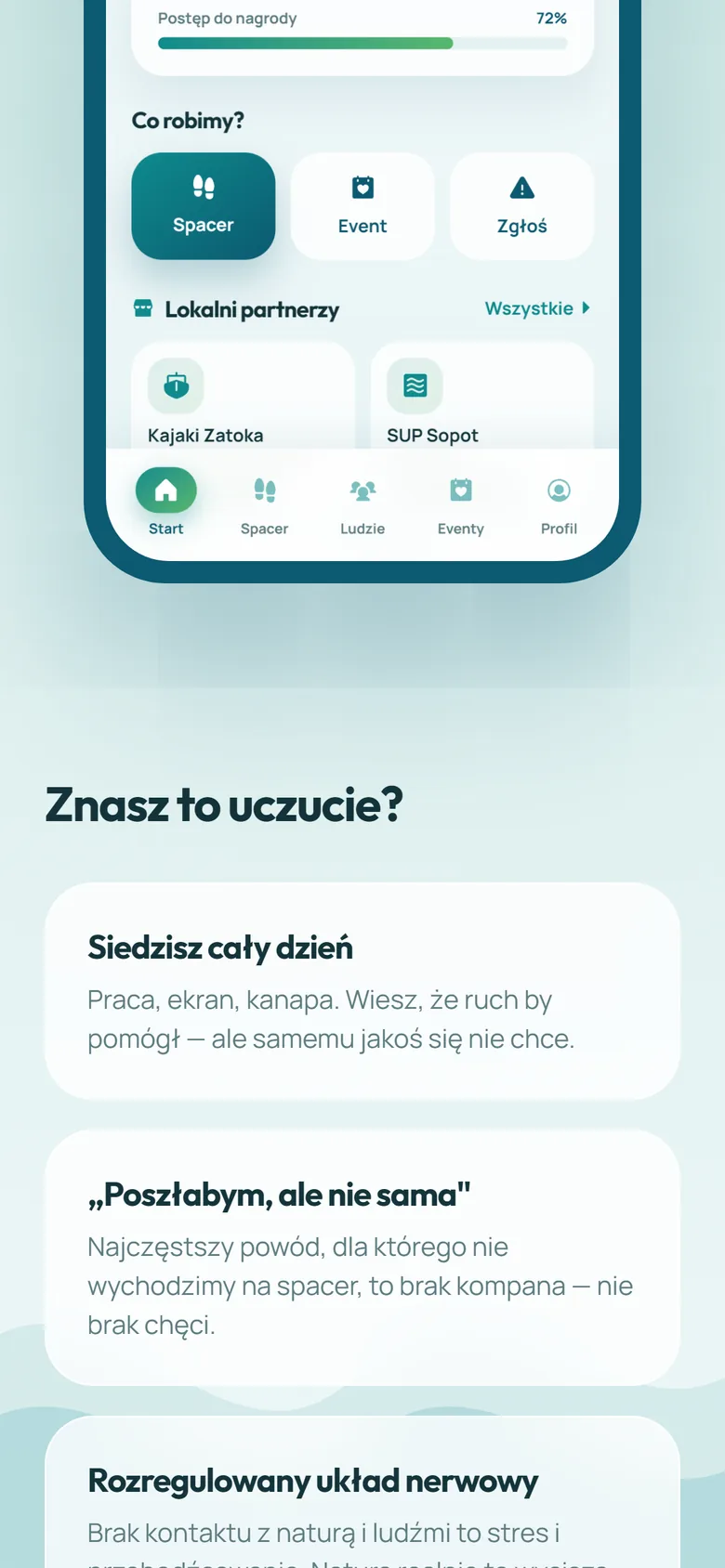 Ekran aplikacji SeaSteps i opis problemu na telefonie