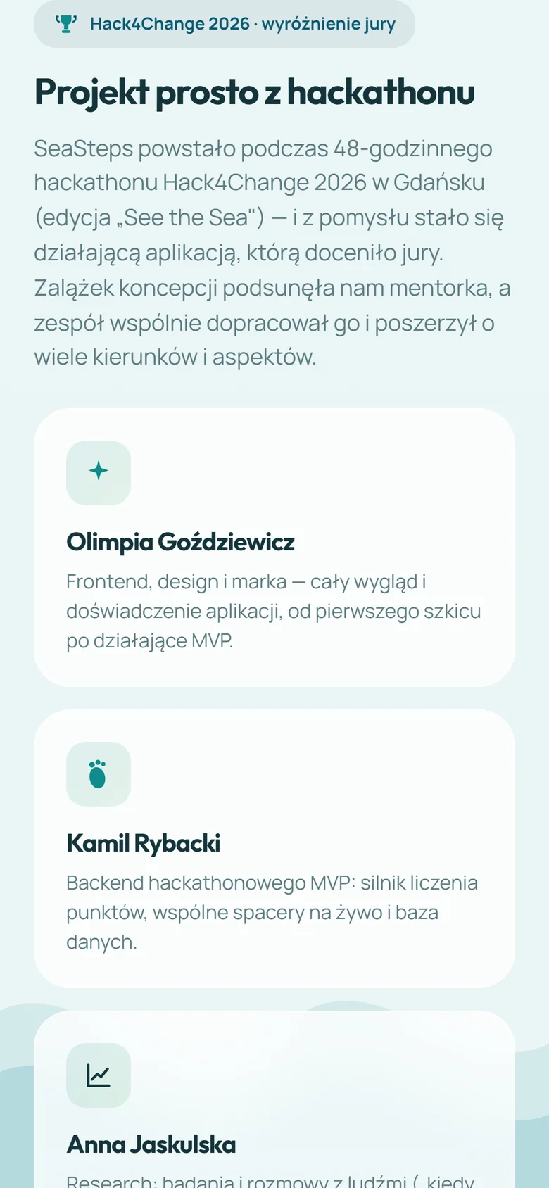 Sekcja o hackathonie i zespole na telefonie