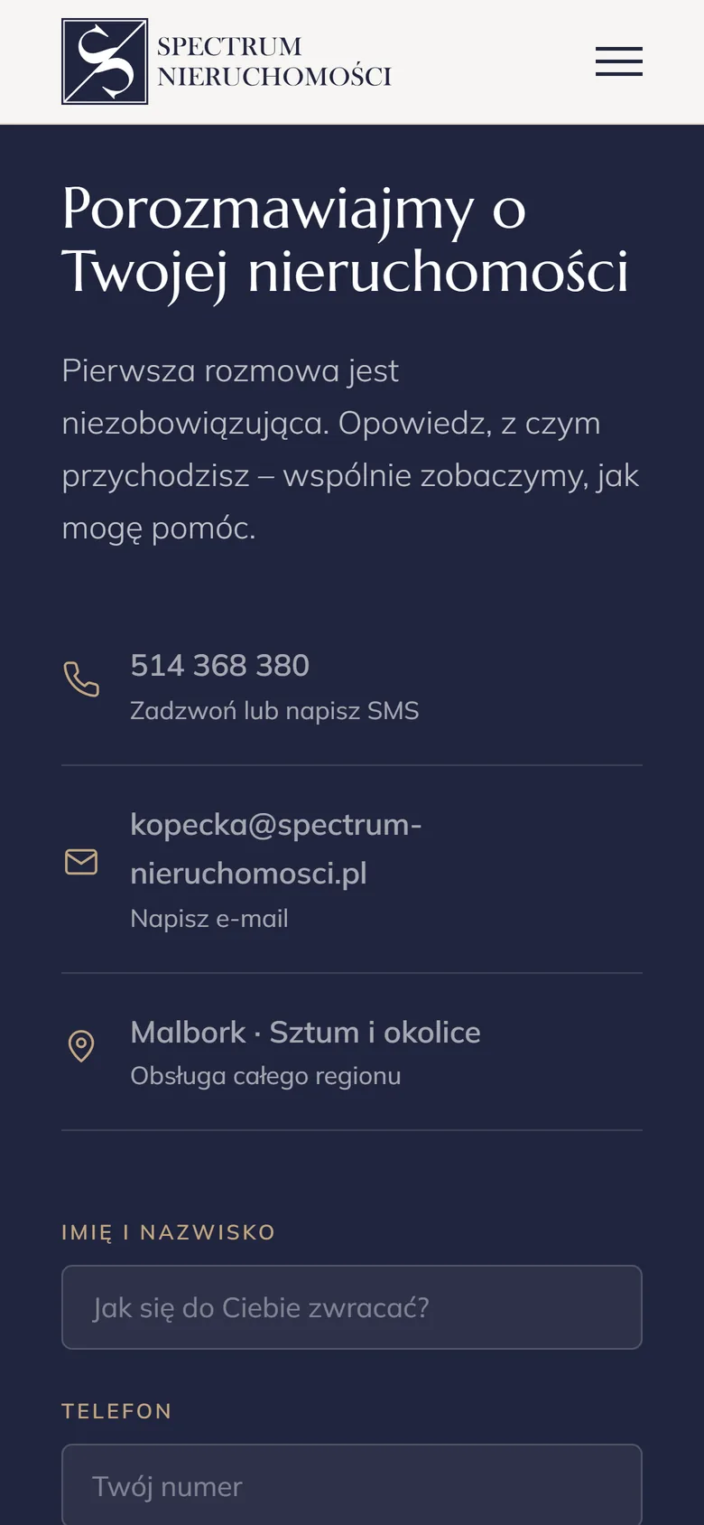 Sekcja kontaktu i formularz na telefonie