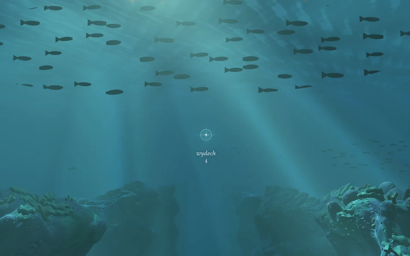 Theta Dive — ławica ryb w smugach światła pod wodą