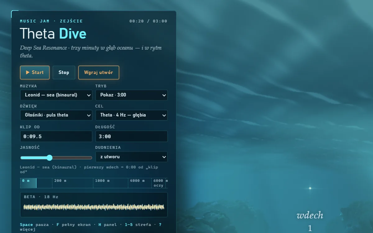Panel sterowania Theta Dive z wyborem muzyki, trybu i celu